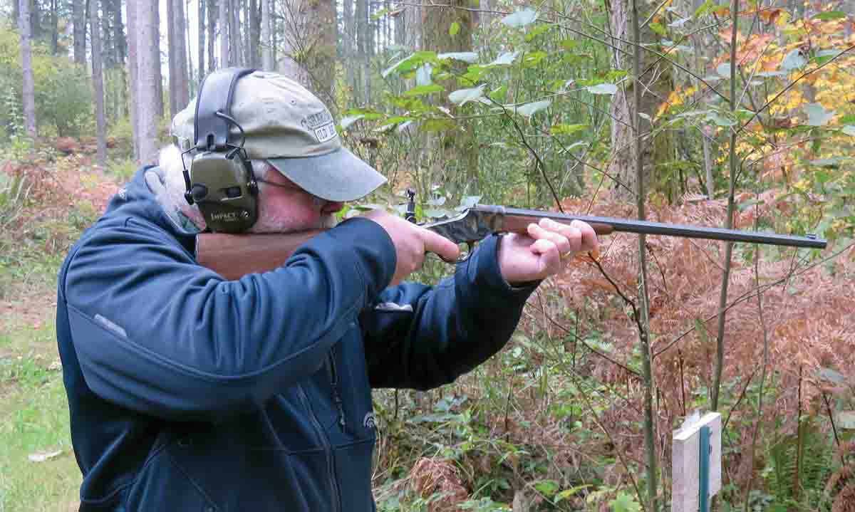 Allen takes a shot with the Hopkins and Allen while on the “meat hunt” match.